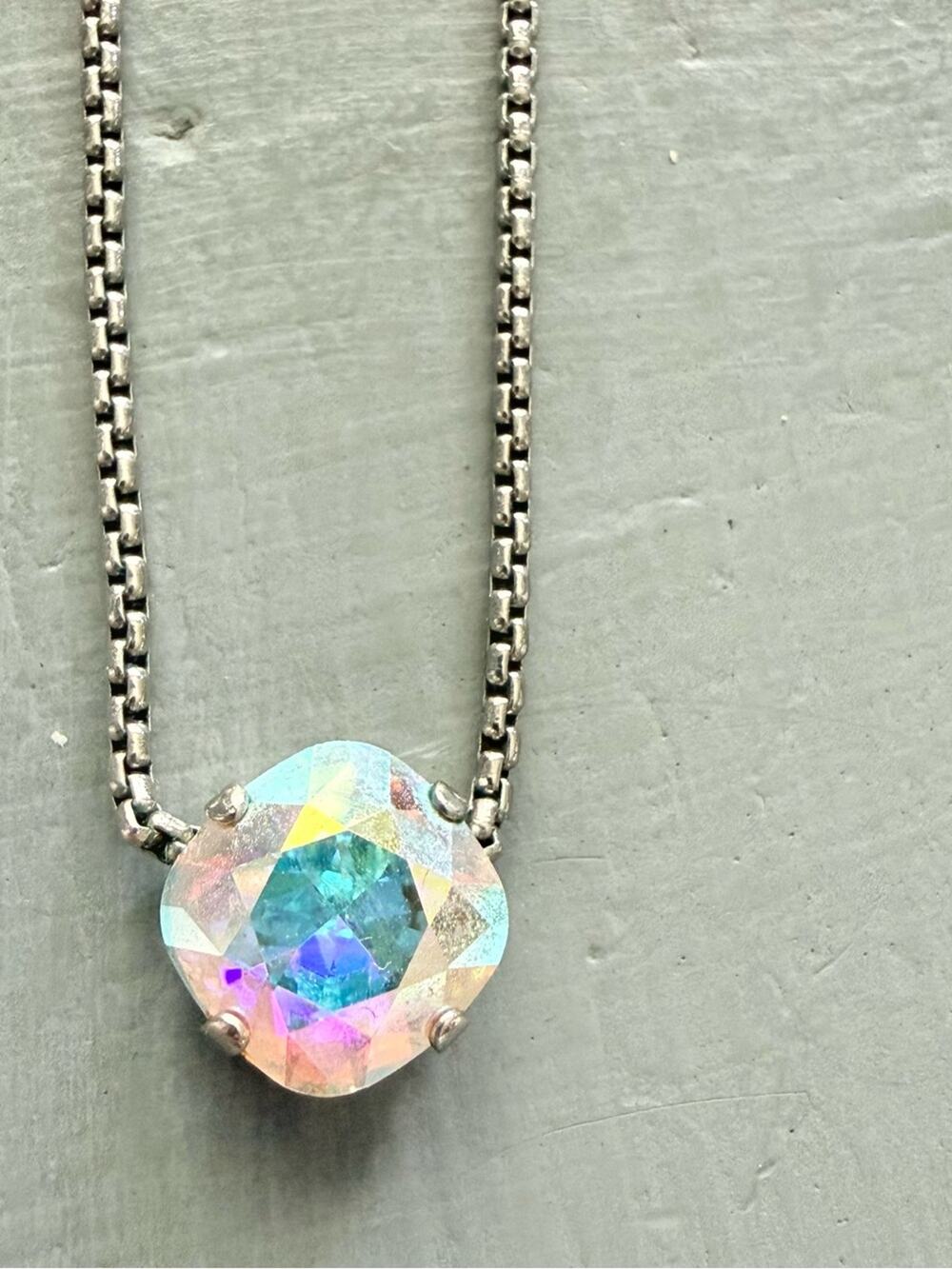 Sabika Classic Iridescent Crystal Pendant Silver Tone Necklace
